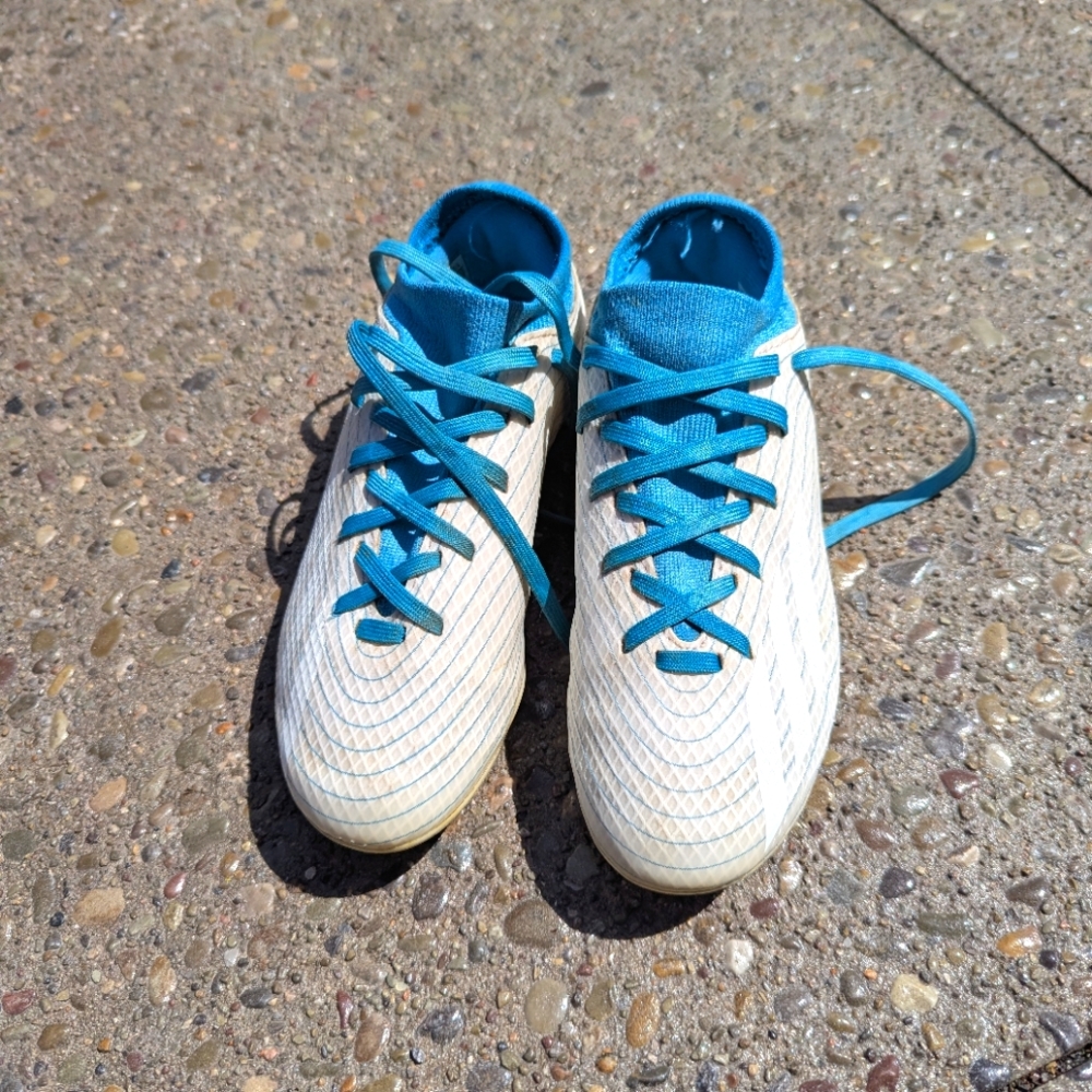 White and Blue Adidas Soccer Cleats, Size 2